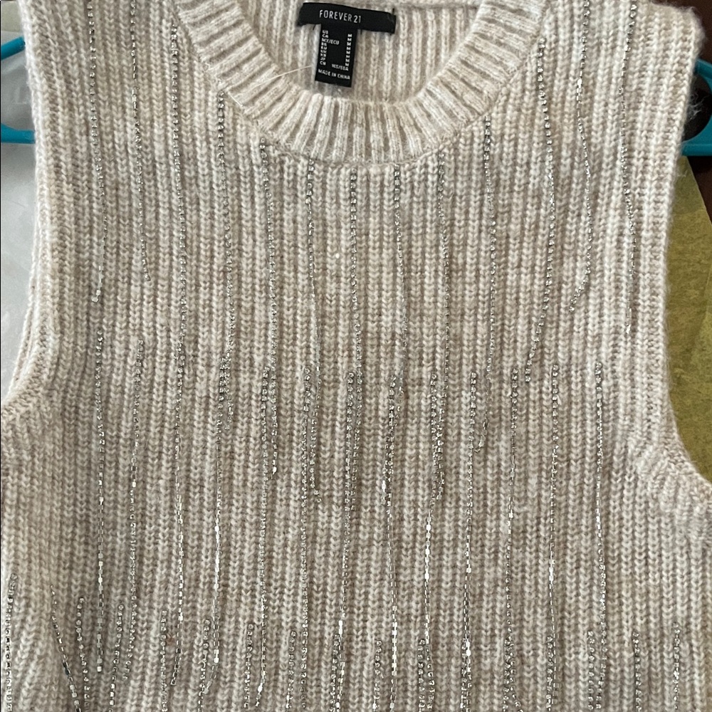 Forever 21 Beige Ribbed Sweater with Rhinestone Fringe - Picture 6 of 6